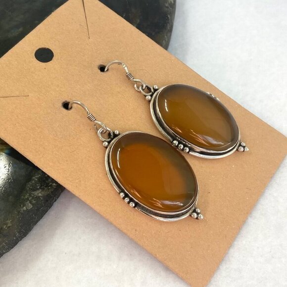 Sterling Silver 925 Large Bezel Set Oval Agate Quartz Dangle Drop Earrings - Picture 9 of 16
